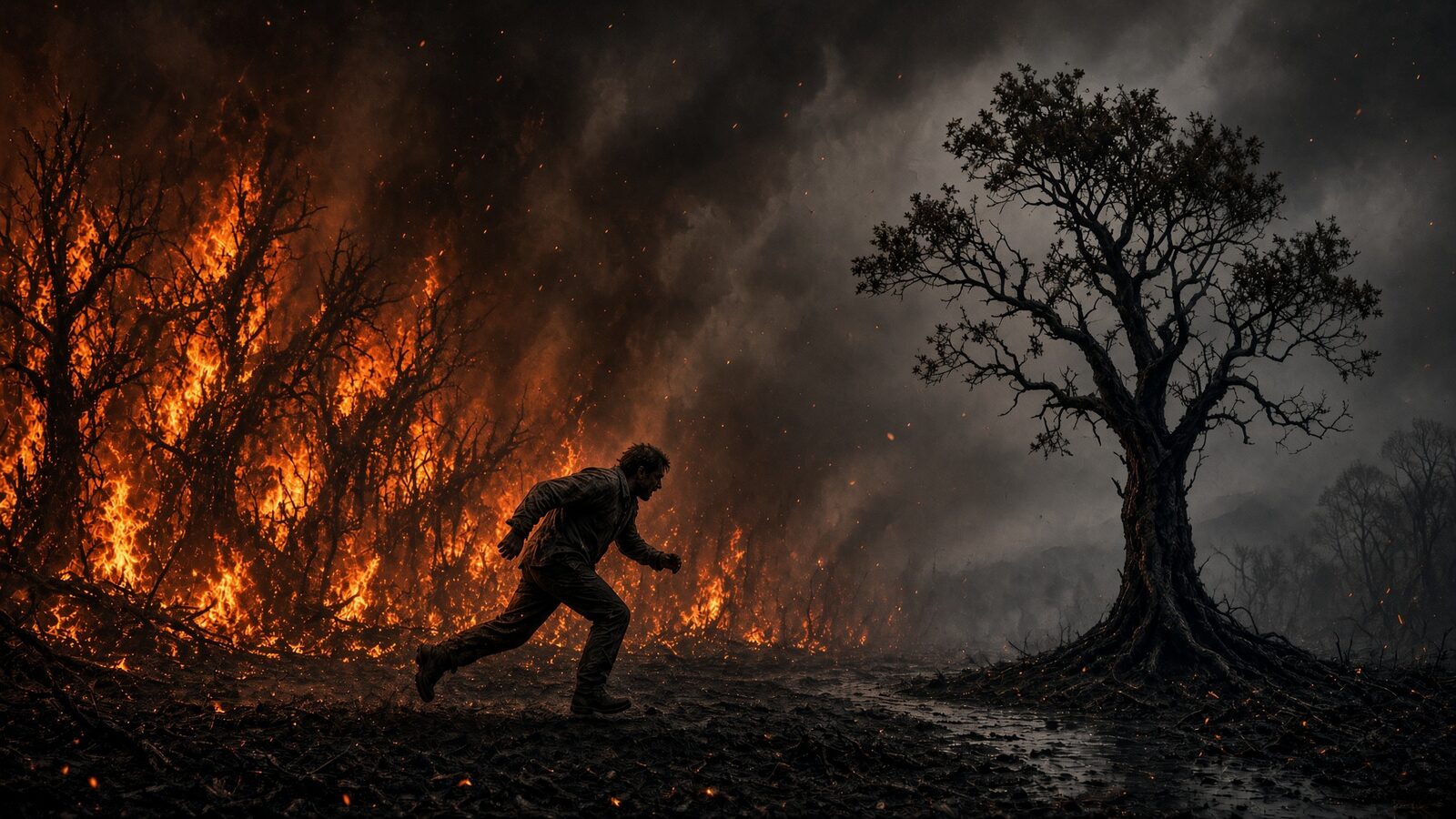A man runs from a burning wood toward a lone standing tree