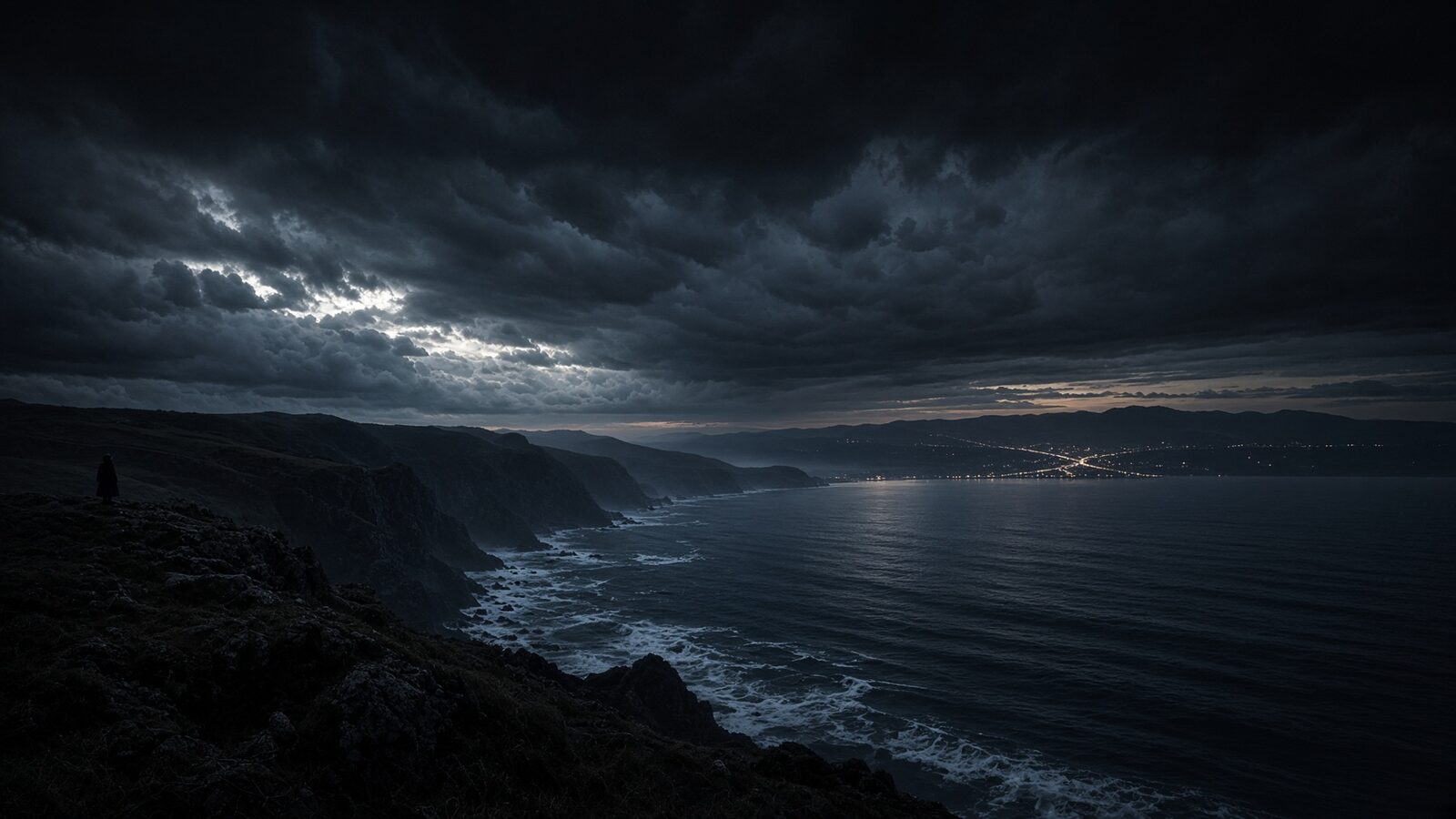 A lone figure on a stormy cliff above a lit coastal bay