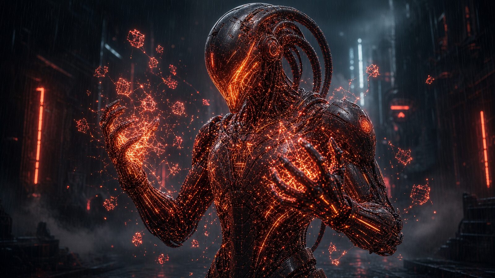 A dark-metal figure in rain, orange code-nodes flaring from its hands