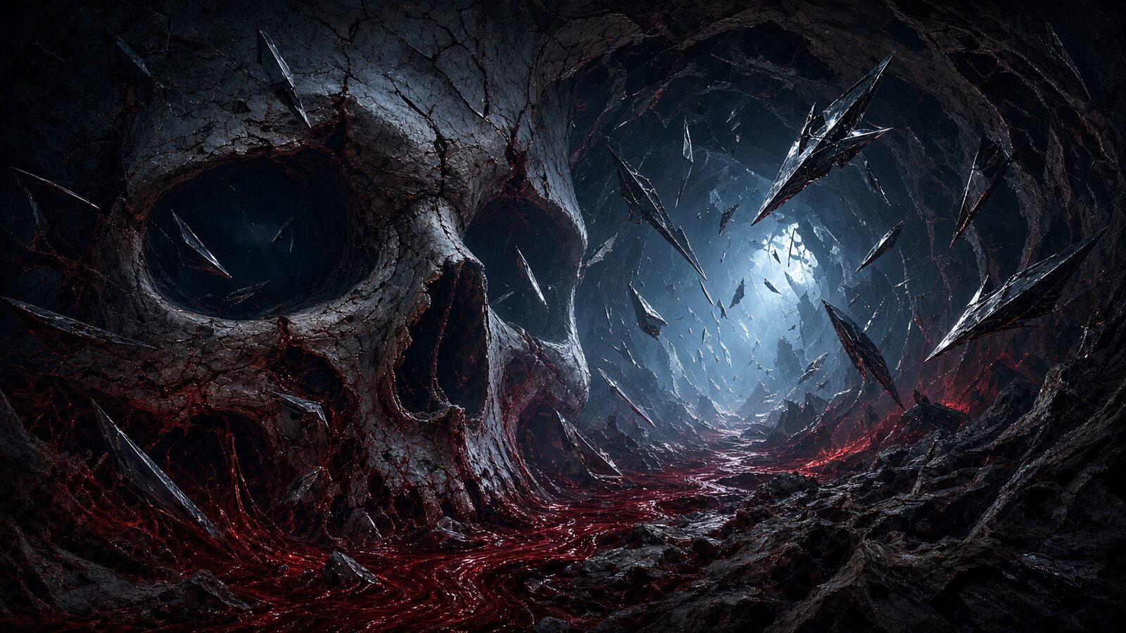 A cracked stone skull in a cavern of blood