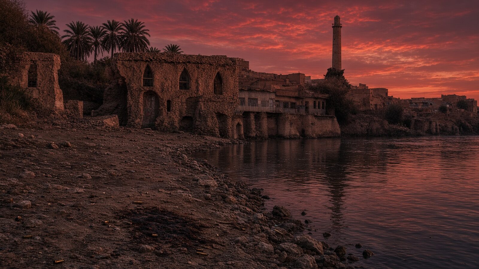 Ruined riverfront houses under a red sky, a minaret across the water