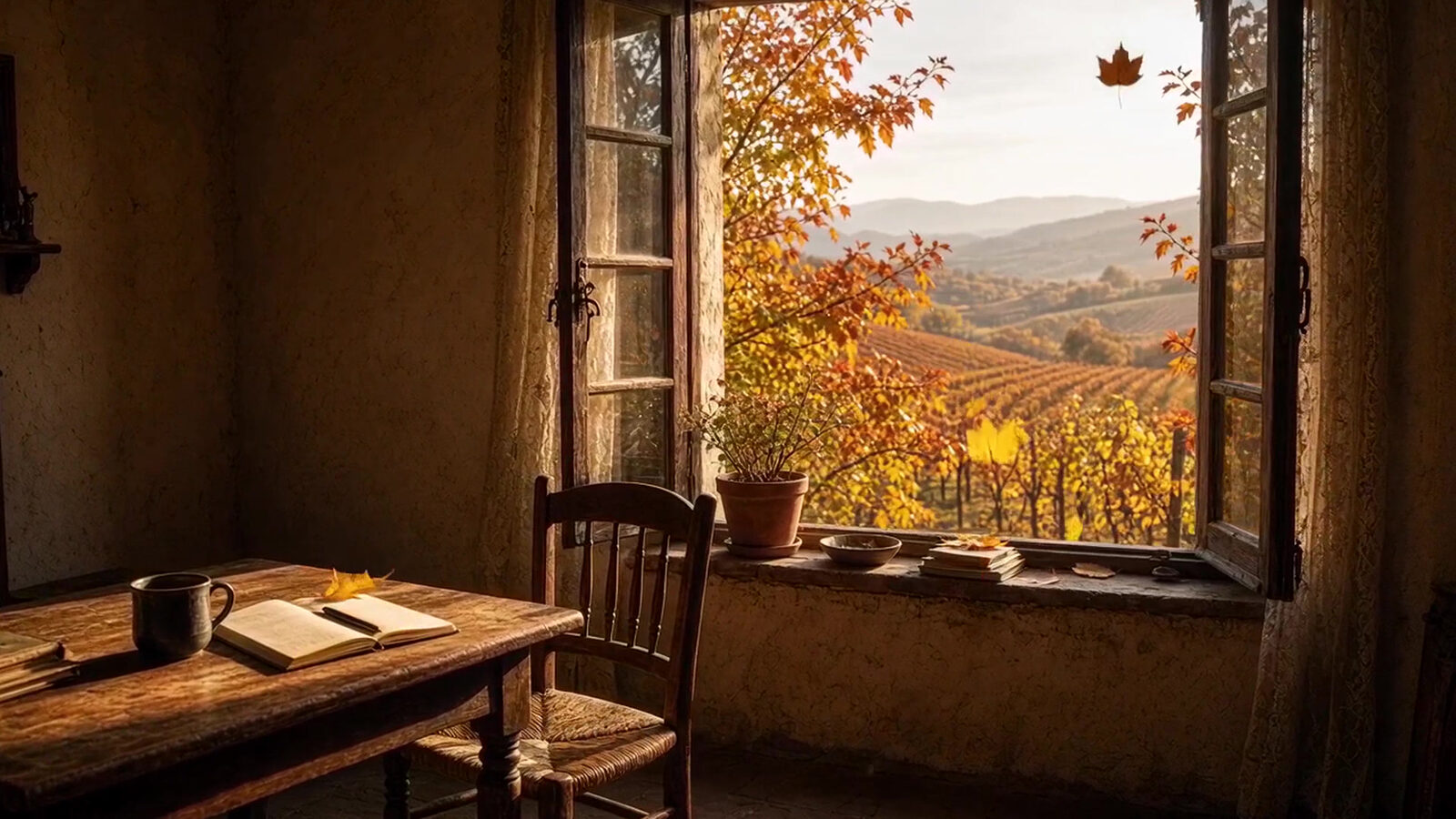 An open window onto autumn vines, a wooden table and empty chair inside