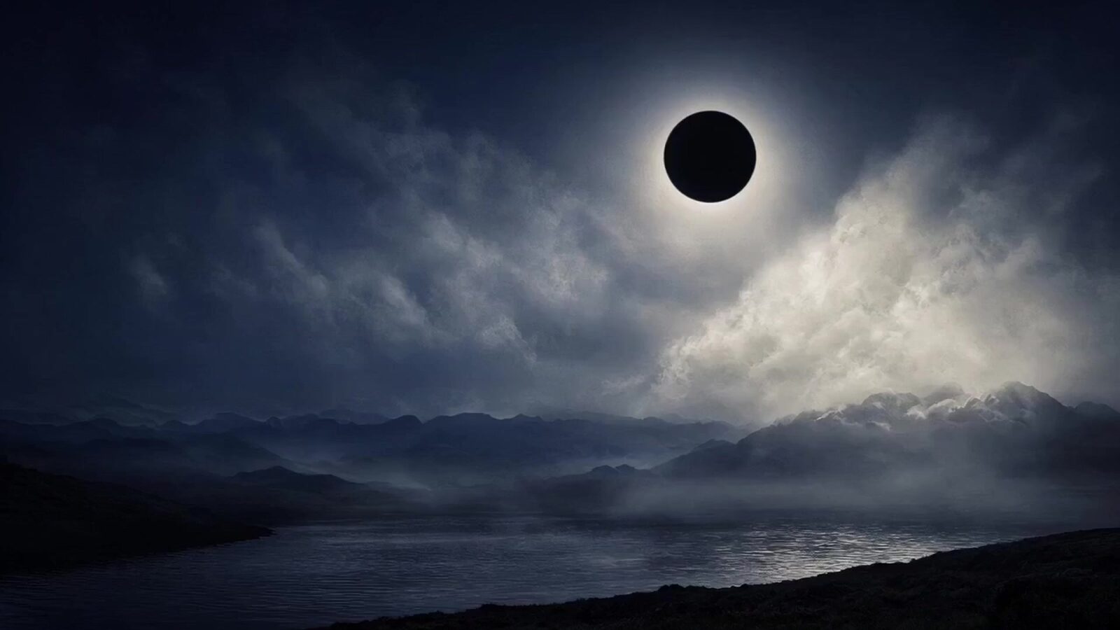 A black sun over a mountain lake, corona in the clouds
