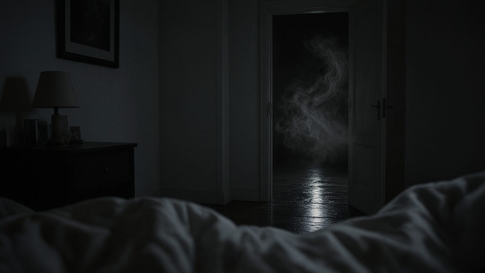 A dark bedroom, an open door, mist in the hall