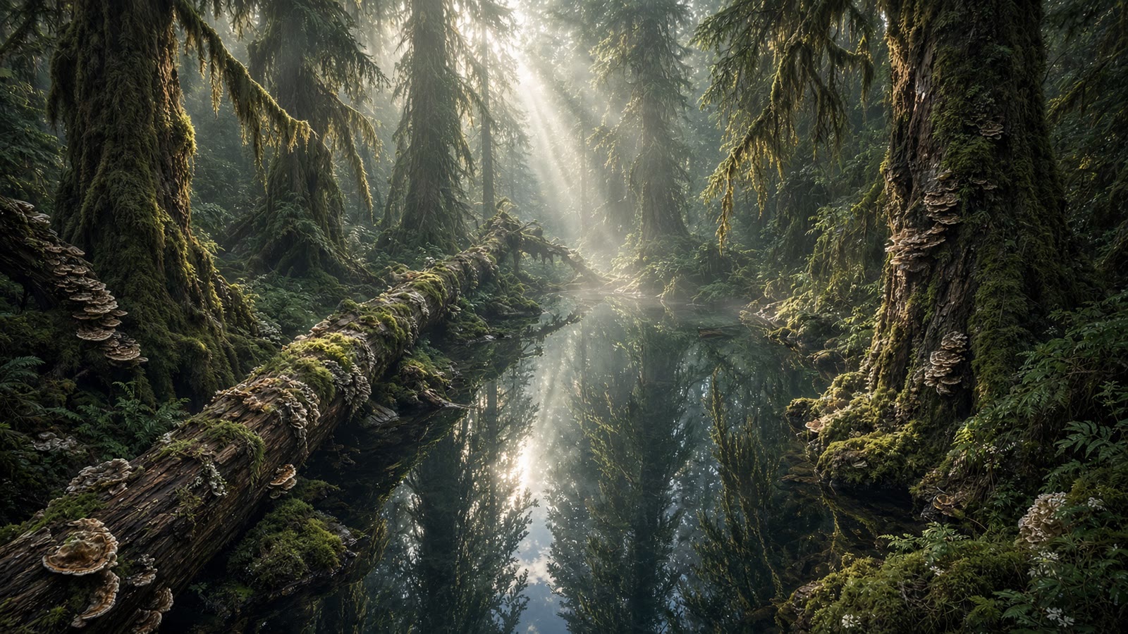 A moss-covered fallen log crusted with bracket fungi, lying across still black water in an old-growth forest, sunlight breaking through the canopy