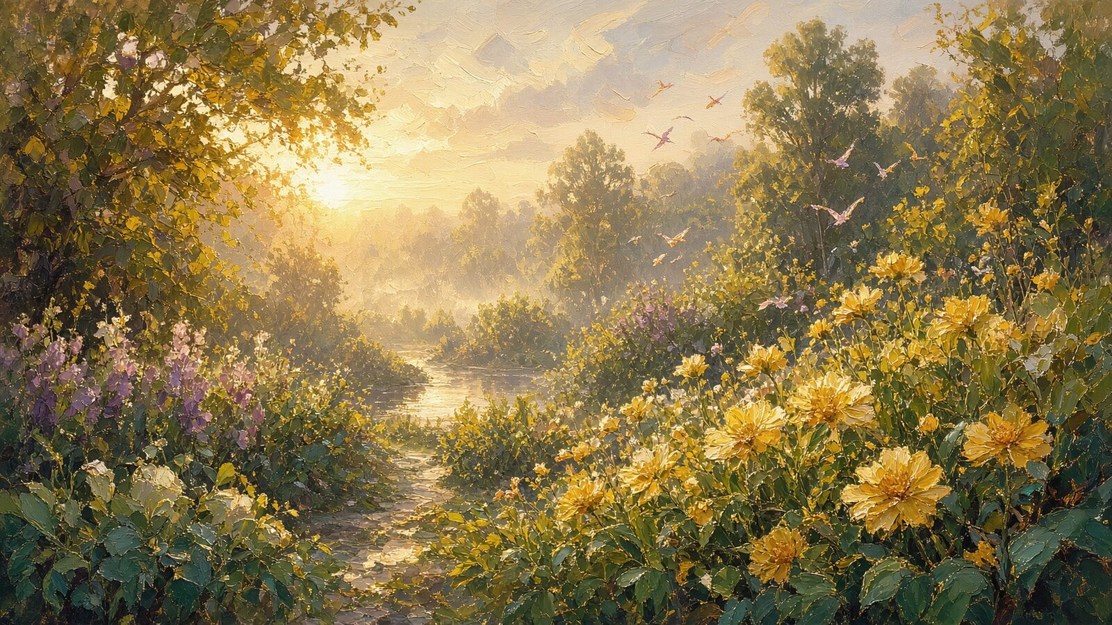 A dawn garden path through yellow blossoms, birds in the mist