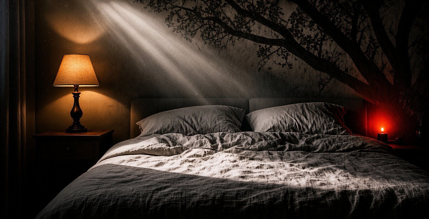 A dark bedroom: a lamp lit beside the bed, a candle burning on the far side, and the shadow of a great tree thrown across the wall above